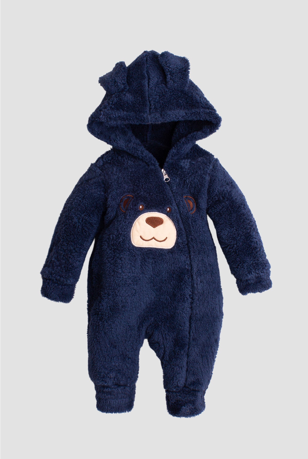 Unisex Kapüşonlu Ayıcık Nakışlı Peluş Bebek Tulum 0-12 Ay